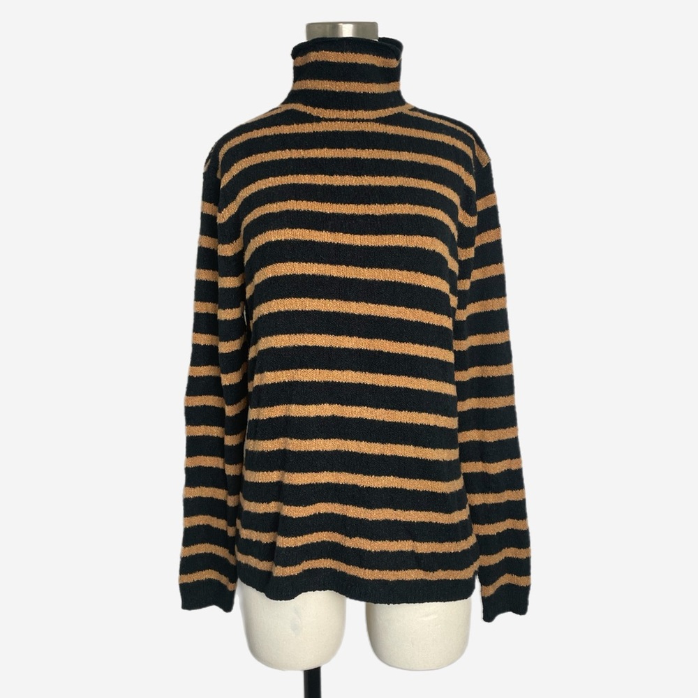 Jcrew Factory Tan Black striped rollneck mock neck sweater fuzzy minimalist S